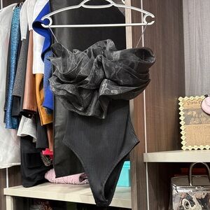 Zara Black Sheer Ruffle Bodysuit